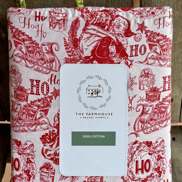 THE FARMHOUSE BY RACHEL ASHWELL Santa Christmas Cotton King Size Sheet Set - Red - Picture 1 of 6